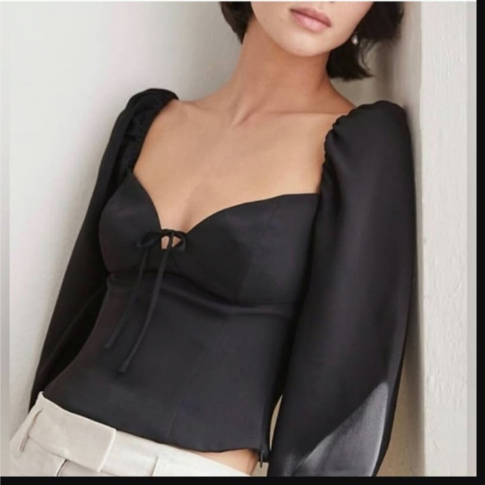 Aritzia Wilfred Novella Black Long Sleeve Top Blouse Smocked Back Tie Front $110